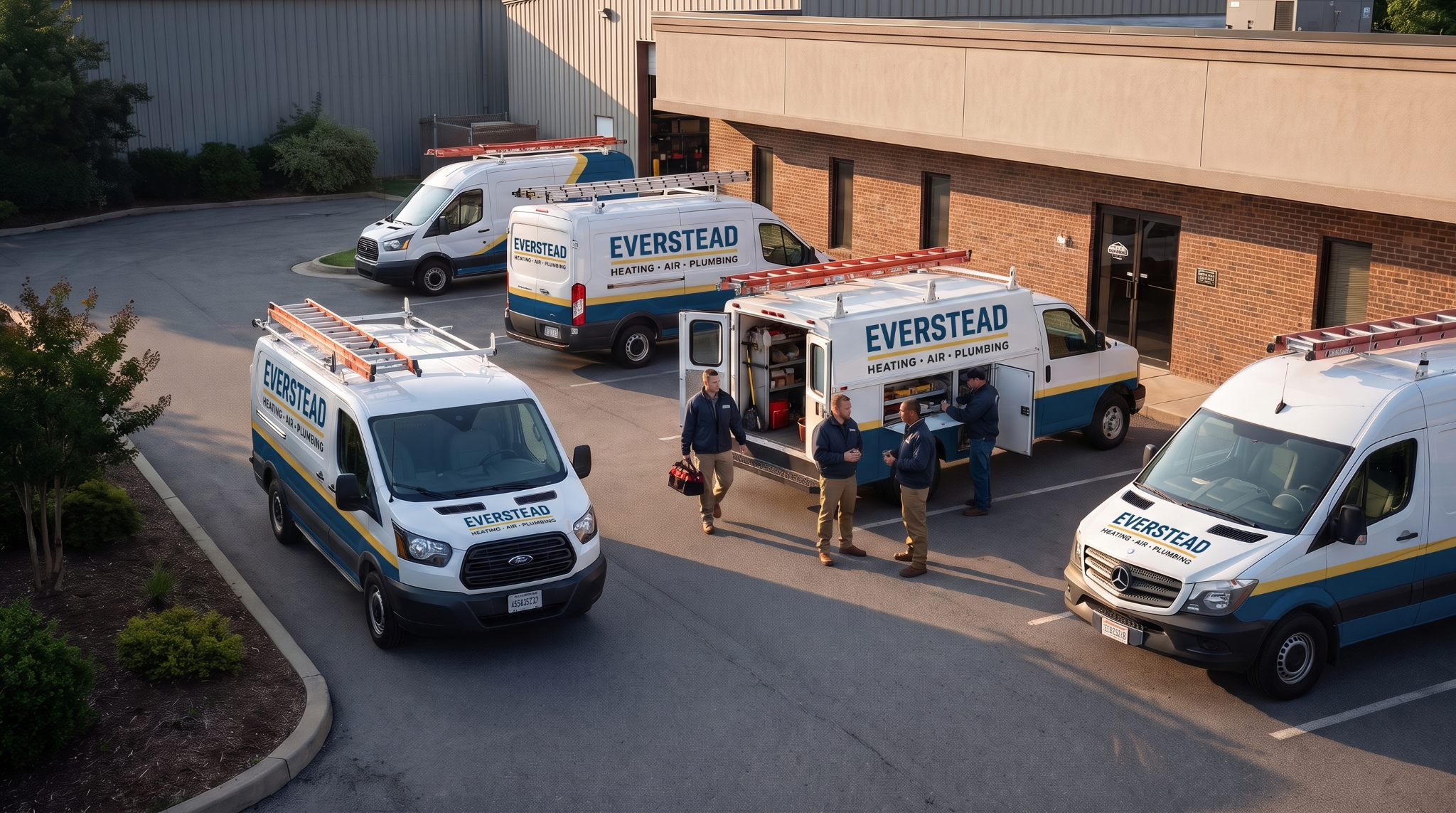 HVAC and plumbing technicians preparing a fleet of service vehicles at the start of the workday.