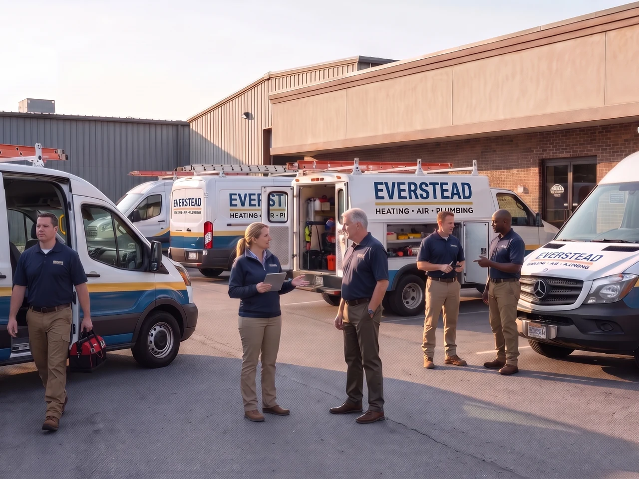 Everstead HVAC and plumbing employees finishing the workday among branded service vehicles outside their facility.