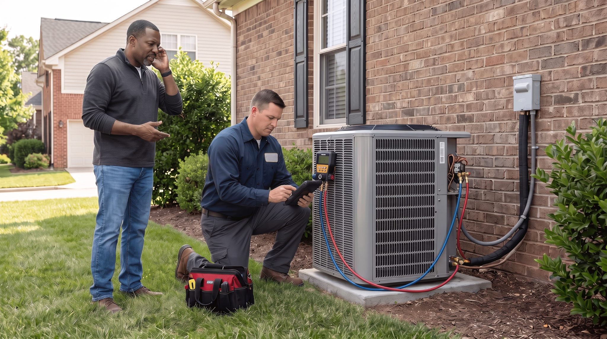 HVAC technician reviewing connected diagnostic equipment while a homeowner describes a problem beside an outdoor condenser.